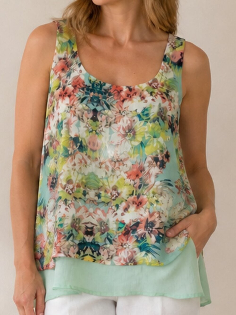 About a Girl Floral Layered Tank Top Mint Multi XL